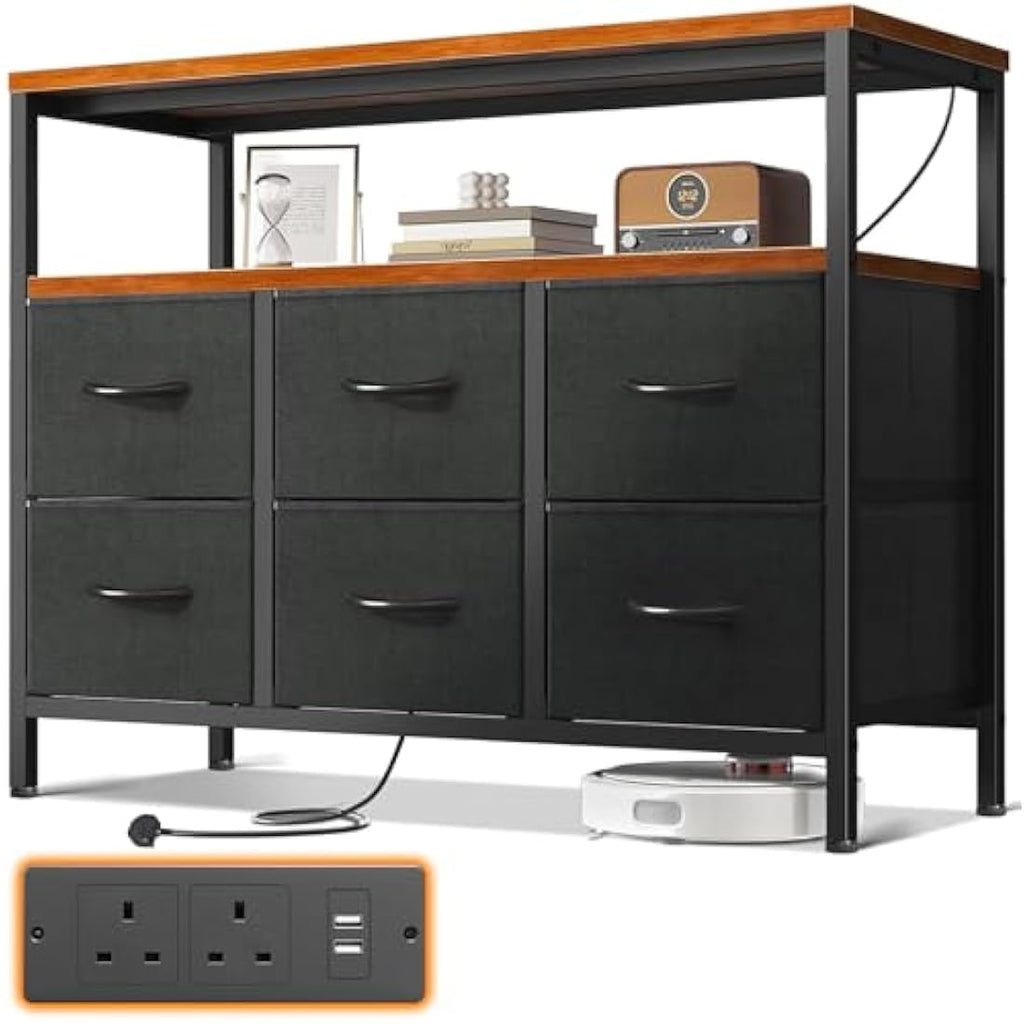 ODK 6 Drawer Fabric Chest of Drawers with Charging Station – Retro Color