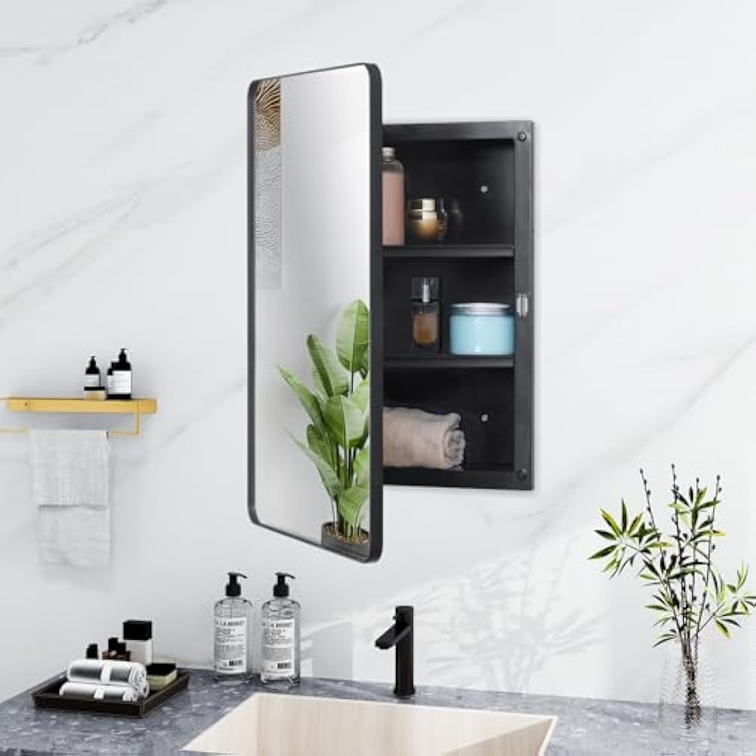 Fundin Black Mirror Cabinet – Beveled Edge Recessed Bathroom Storage