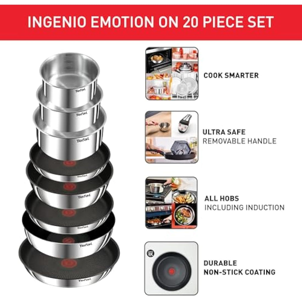 Tefal Ingenio 20-Piece Stackable Cookware Set | Stainless Steel Pans