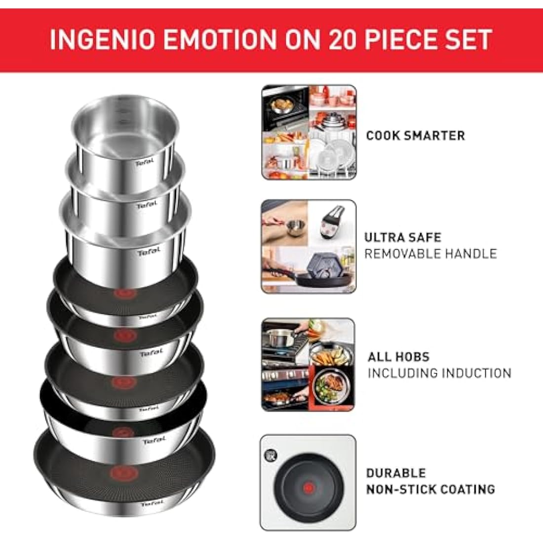 Tefal Ingenio 20-Piece Stackable Cookware Set | Stainless Steel Pans