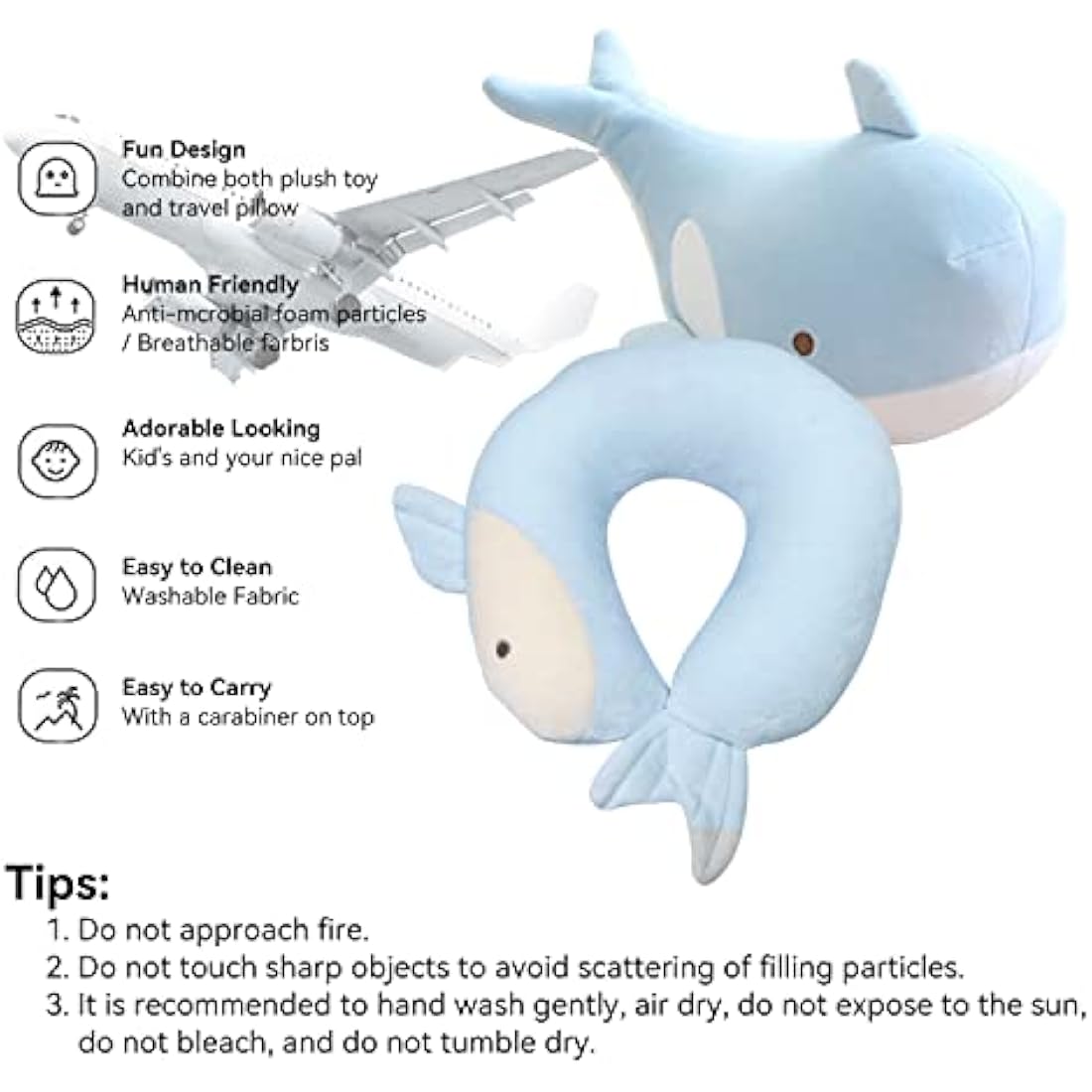 JOYRAVO Kids 2-in-1 Convertible Travel Neck Pillow | Blue Whale Plush
