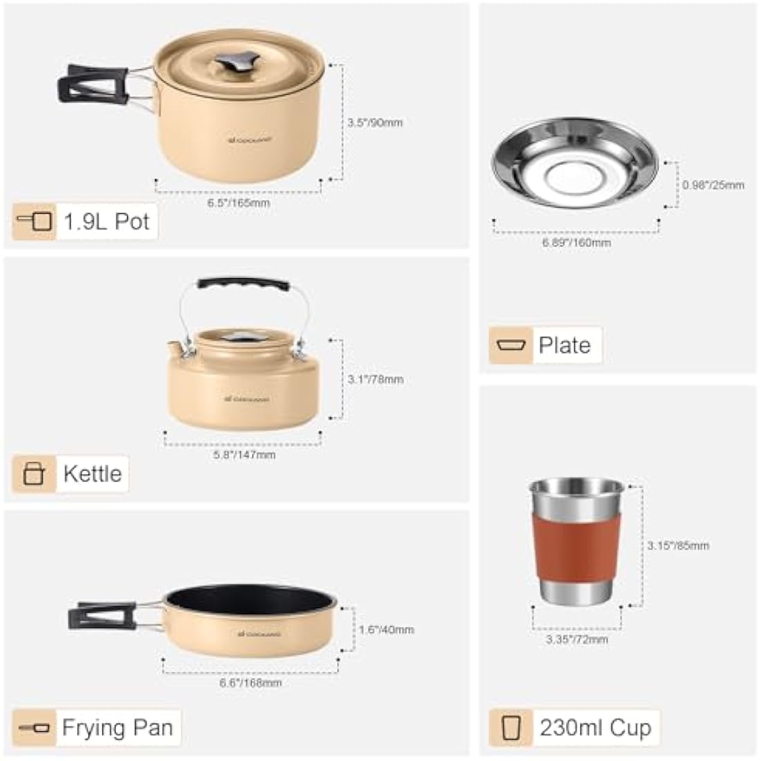 Odoland 15pcs Camping Cookware Mess Kit with Kettle and Utensils