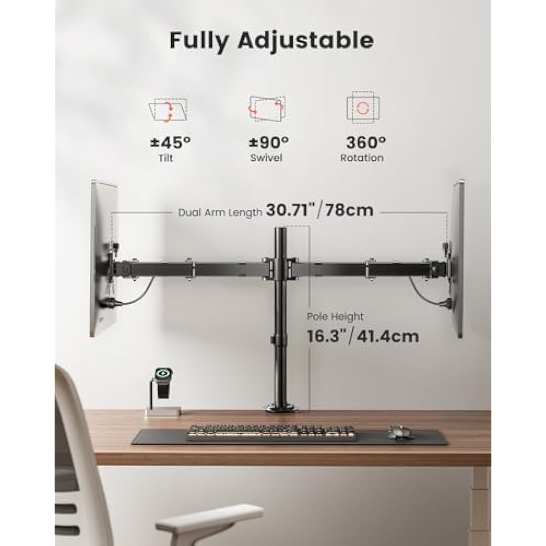 ErGear Dual Monitor Stand | Adjustable Steel Arm for 13-32 Inch Screens