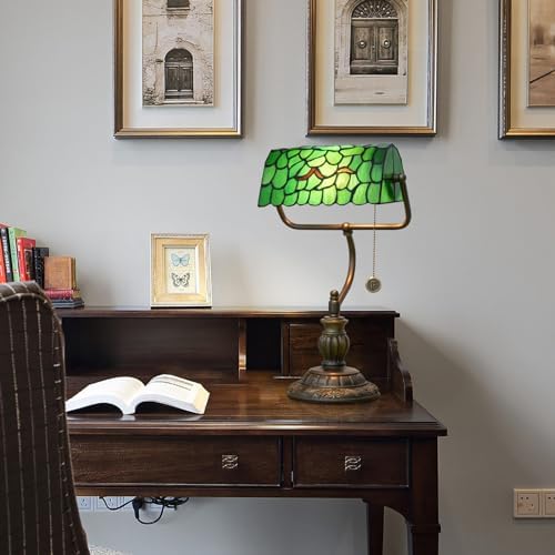 Blivuself Tiffany Bankers Desk Lamp – Green Stained Glass Tree Leaf Light