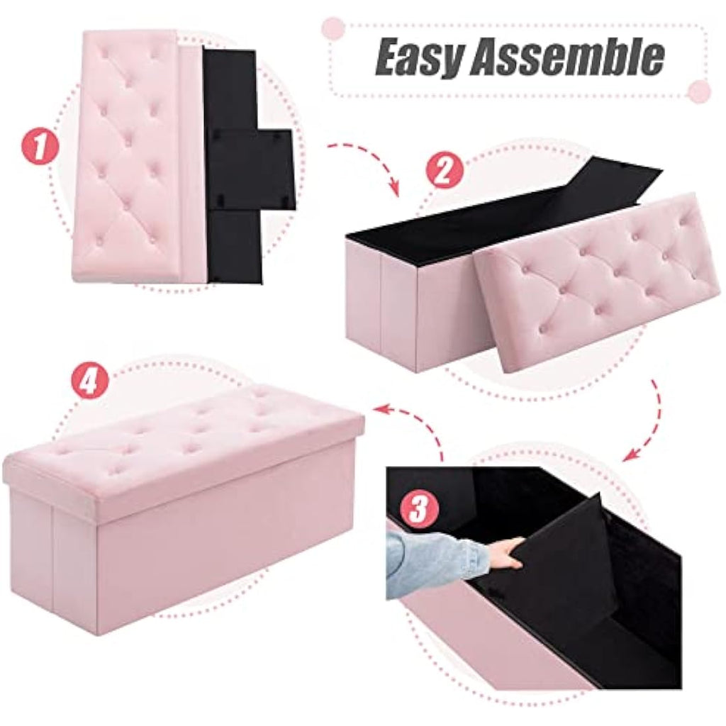 BRIAN & DANY Velvet Storage Ottoman Bench - Foldable Pink Footrest
