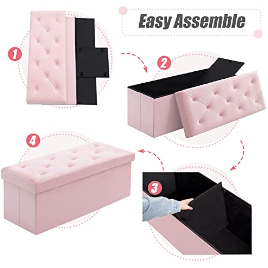 BRIAN & DANY Velvet Storage Ottoman Bench - Foldable Pink Footrest