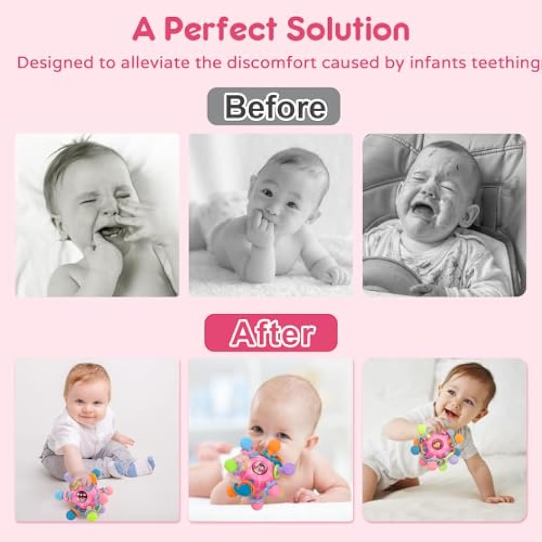 Baby Sensory Rattle & Teether Toy – Montessori Silicone Pink