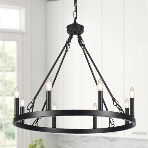 ASHUAQI 8-Light Wagon Wheel Chandelier | Black Modern Farmhouse Light