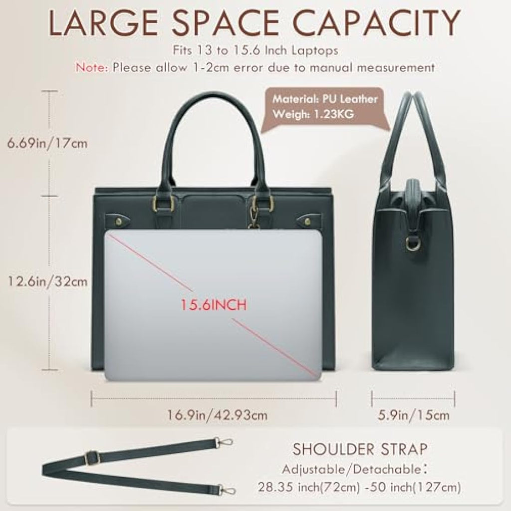 RAINSMORE 15.6 Inch Laptop Tote Bag – PU Leather Work Handbag, Dark Green