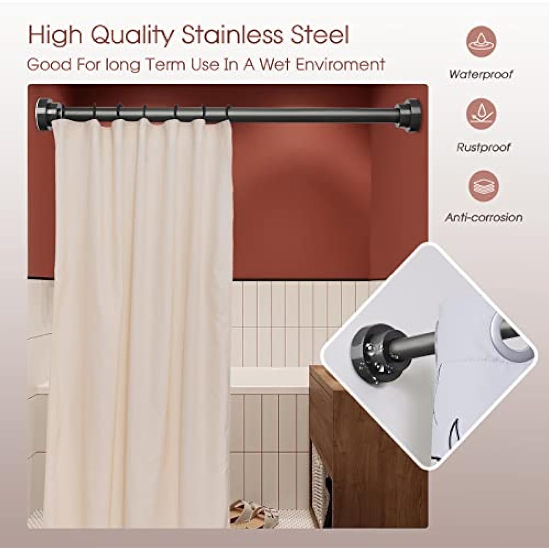 Stainless Steel Tension Shower Curtain Pole, 60-100cm Grey