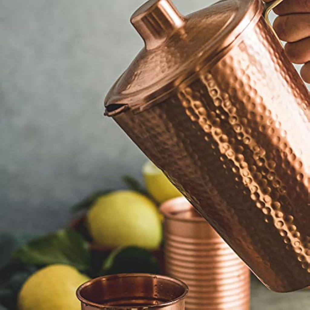 Kosdeg Pure Copper Pitcher with Lid – 44 Oz Hammered Handcrafted Jug