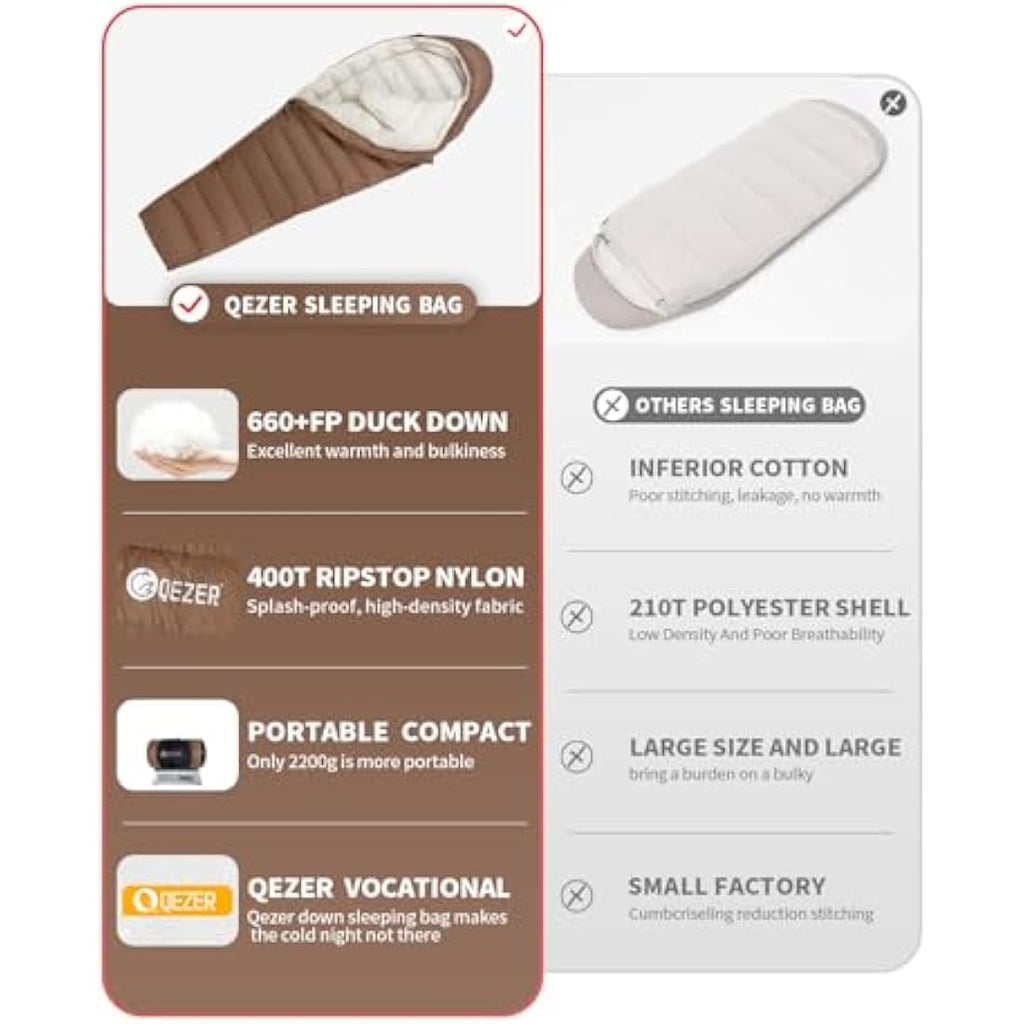 QEZER Winter Down Sleeping Bag | 660 FP Duck Down -20°C Cold Weather