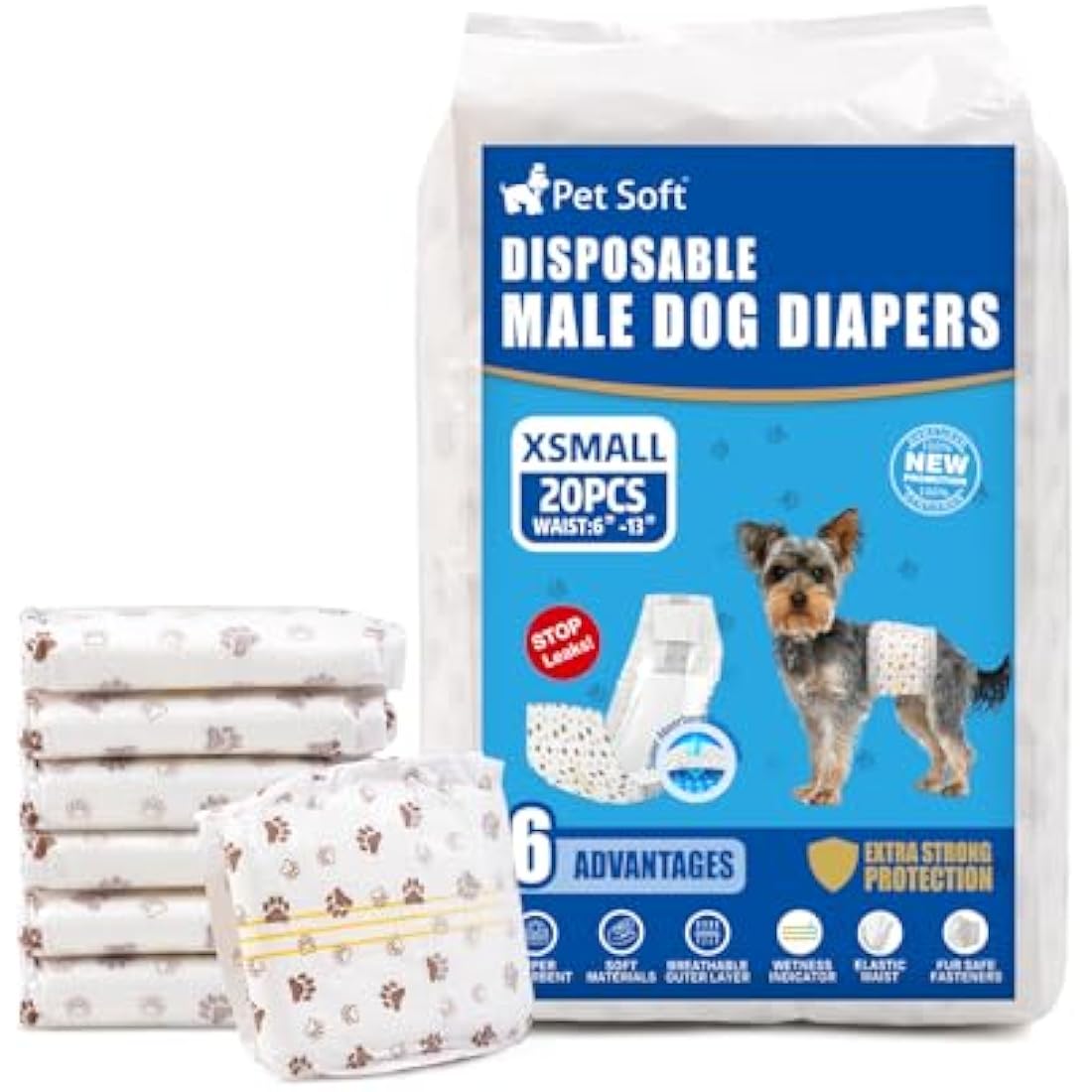 Pet Soft Disposable Male Dog Wraps - XS Pack of 20 Super Absorbent Nappies