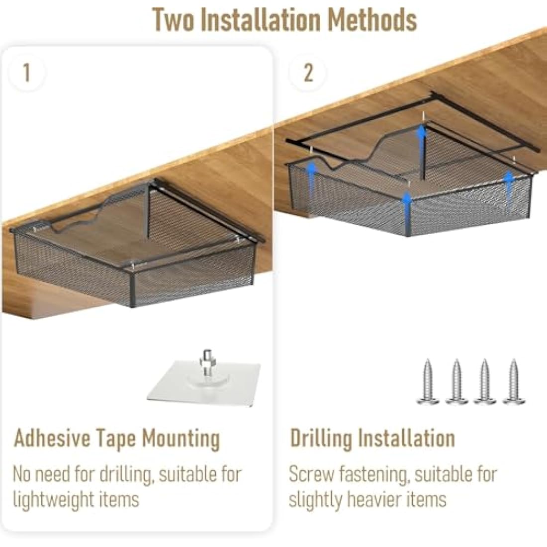 2-Pack Under Desk Pull Out Metal Wire Mesh Storage Baskets