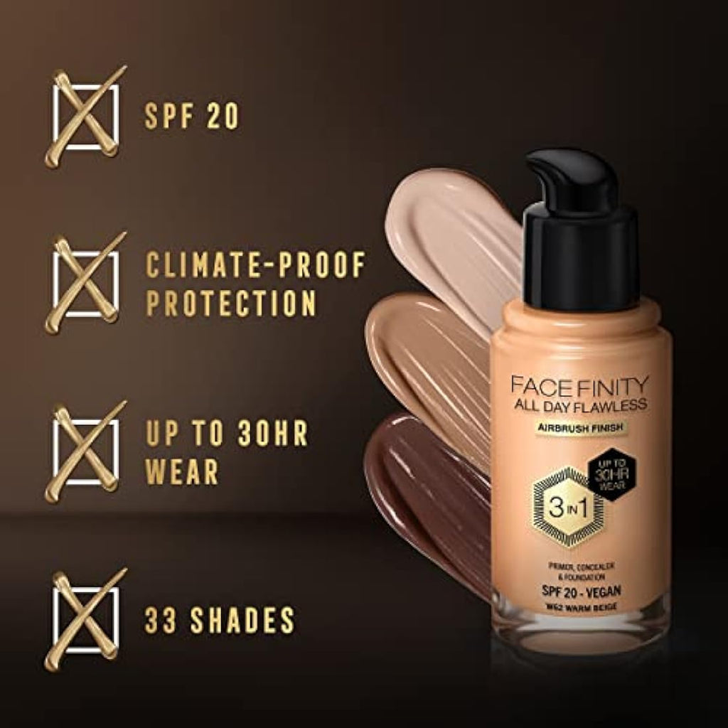 Max Factor Facefinity 3-in-1 Liquid Foundation - 62 Warm Beige, 30ml