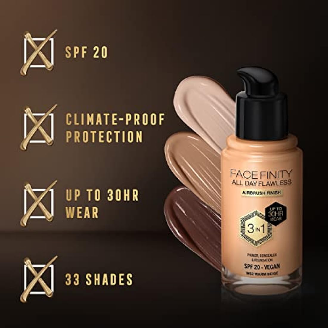 Max Factor Facefinity 3-in-1 Liquid Foundation - 62 Warm Beige, 30ml
