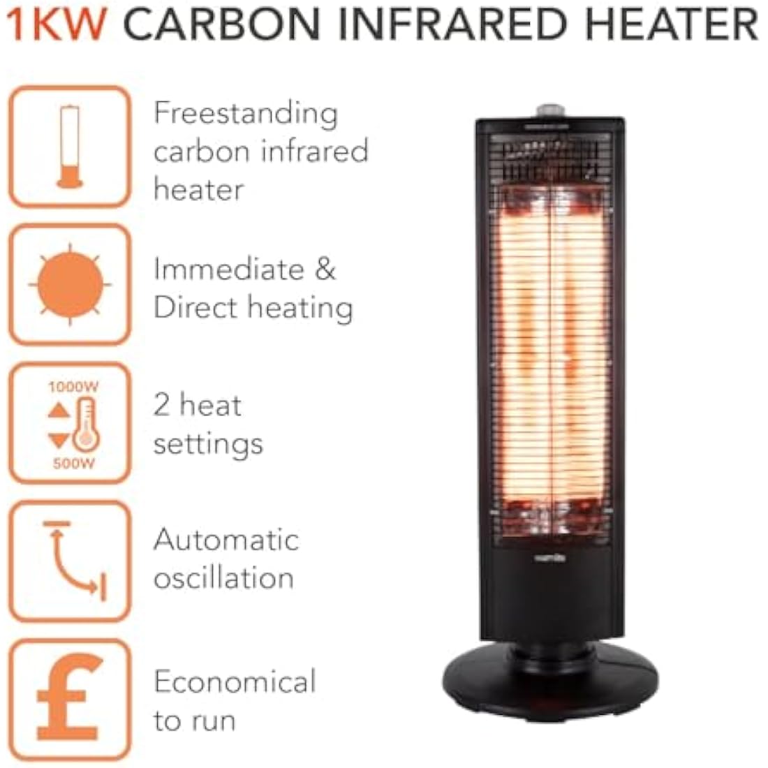 Warmlite WL42013 Carbon Infrared Heater | Portable & Oscillating - Black