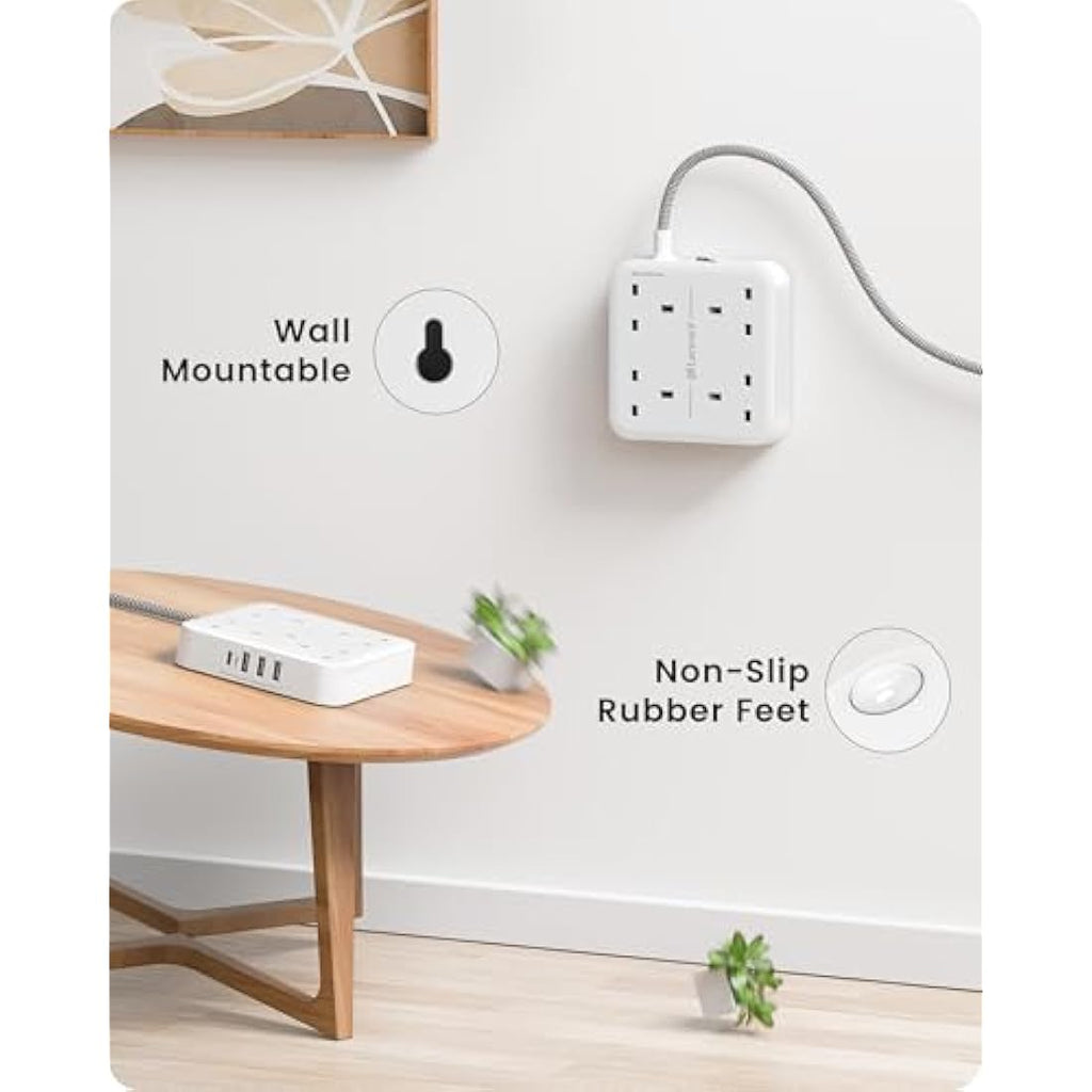 LENCENT 4-Way Power Strip – 3M Braided Extension Lead with USB-C & USB