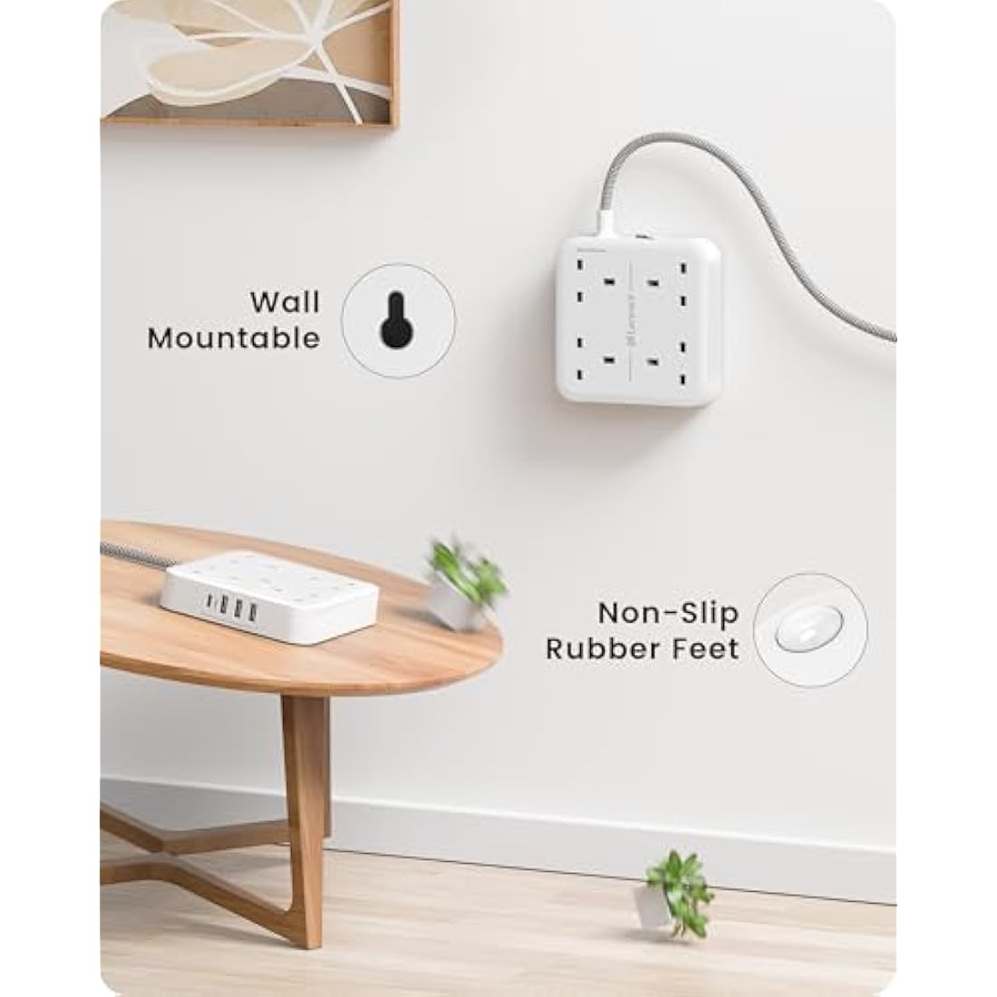 LENCENT 4-Way Power Strip – 3M Braided Extension Lead with USB-C & USB