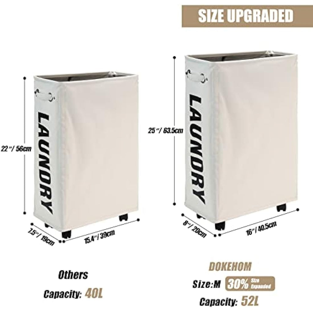 DOKEHOM Slim Rolling Laundry Basket | 25-Inch Collapsible Hamper - Beige