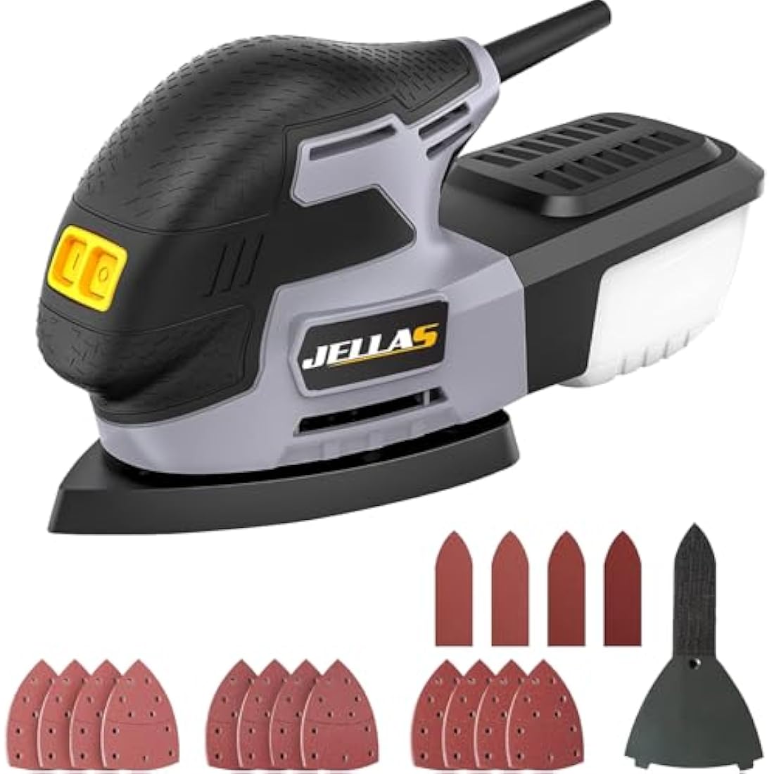 JELLAS Detail Mouse Sander – 220W Compact Wood Sander with 16 Sandpapers