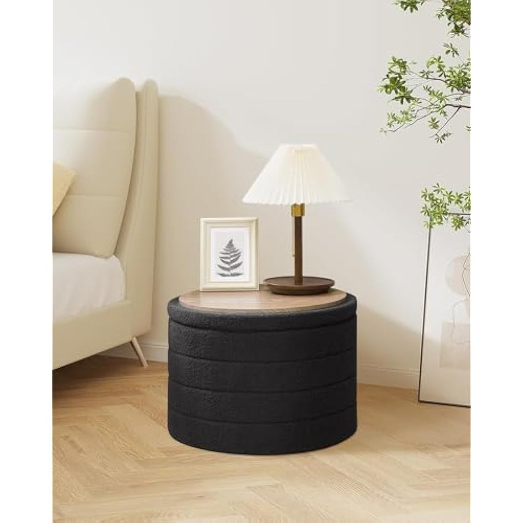 Round Storage Ottoman – Grey Boucle Teddy Fabric Footstool