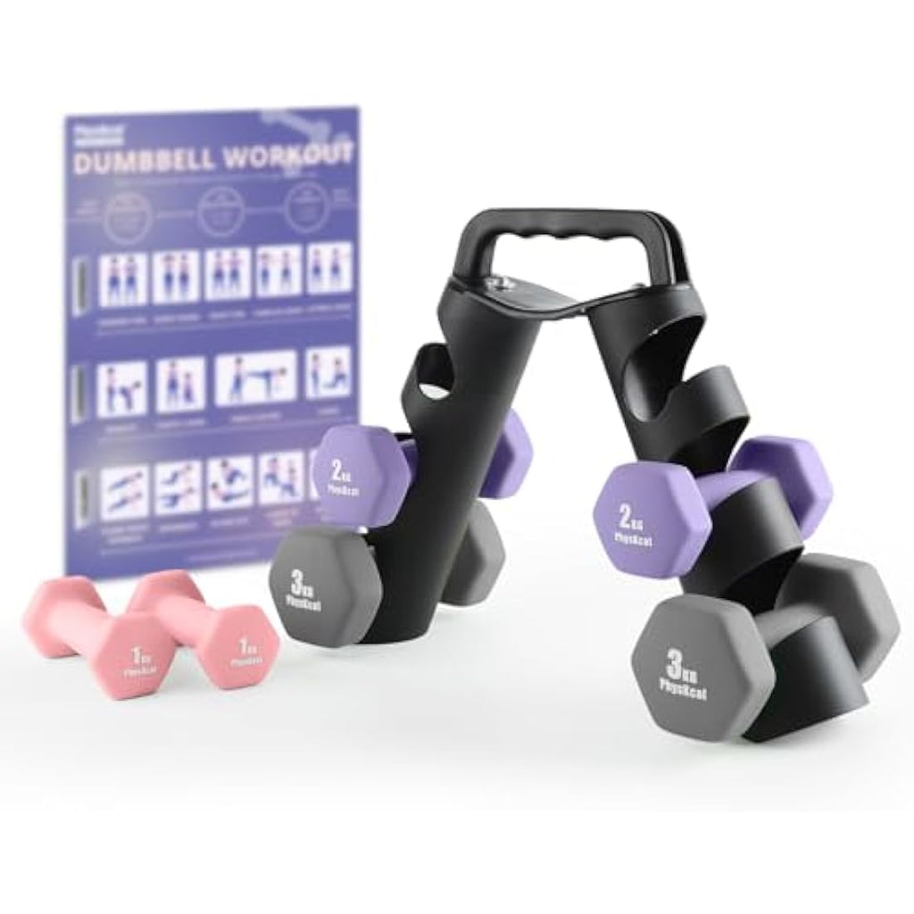 PhysKcal Neoprene Dumbbells Set with Rack - 1kg, 2kg, 3kg Hand Weights