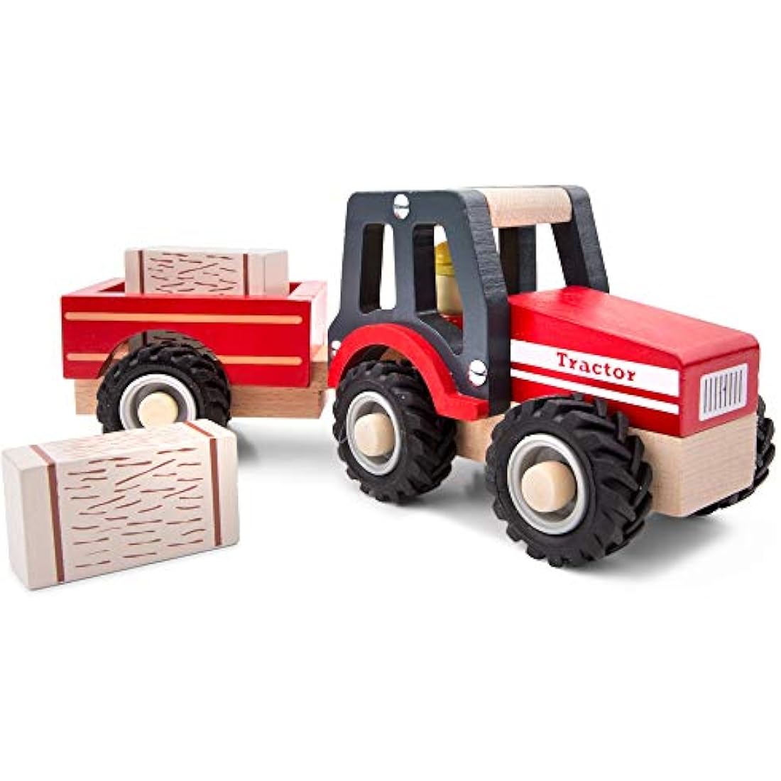 New Classic Toys Wooden Tractor with Hay Stacks - Red Toddler Toy