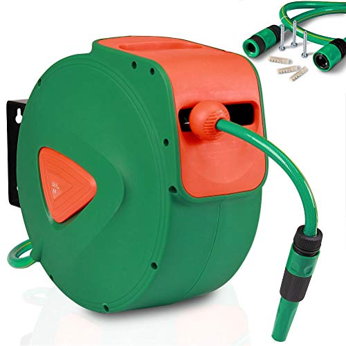 BAKAJI Automatic Garden Hose Reel | 20m Wall Mount 180° Swivel PVC