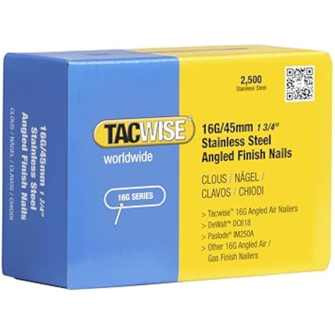 Tacwise 16G 45mm Stainless Steel Angled Finish Nails (2500 Pack)
