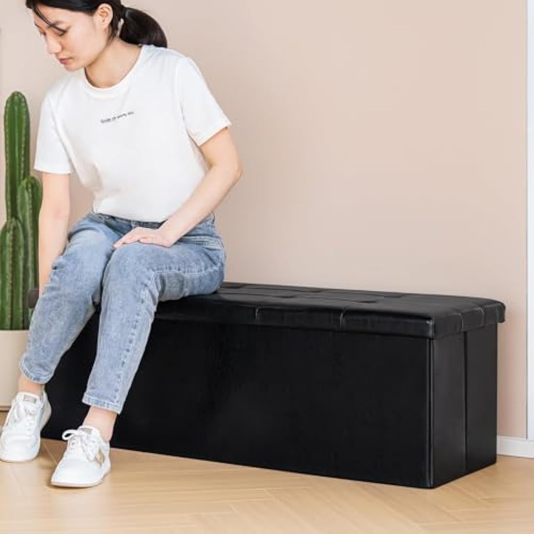 Bonlife Folding Storage Ottoman Bench | Faux Leather Toy Chest – 110cm