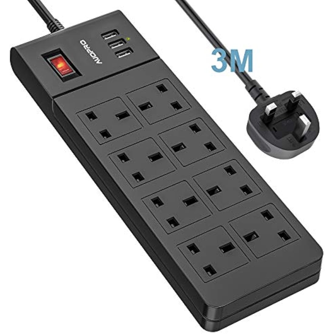 AUOPRO 8-Way Extension Lead with 3 USB Ports | 3M Power Strip, Black