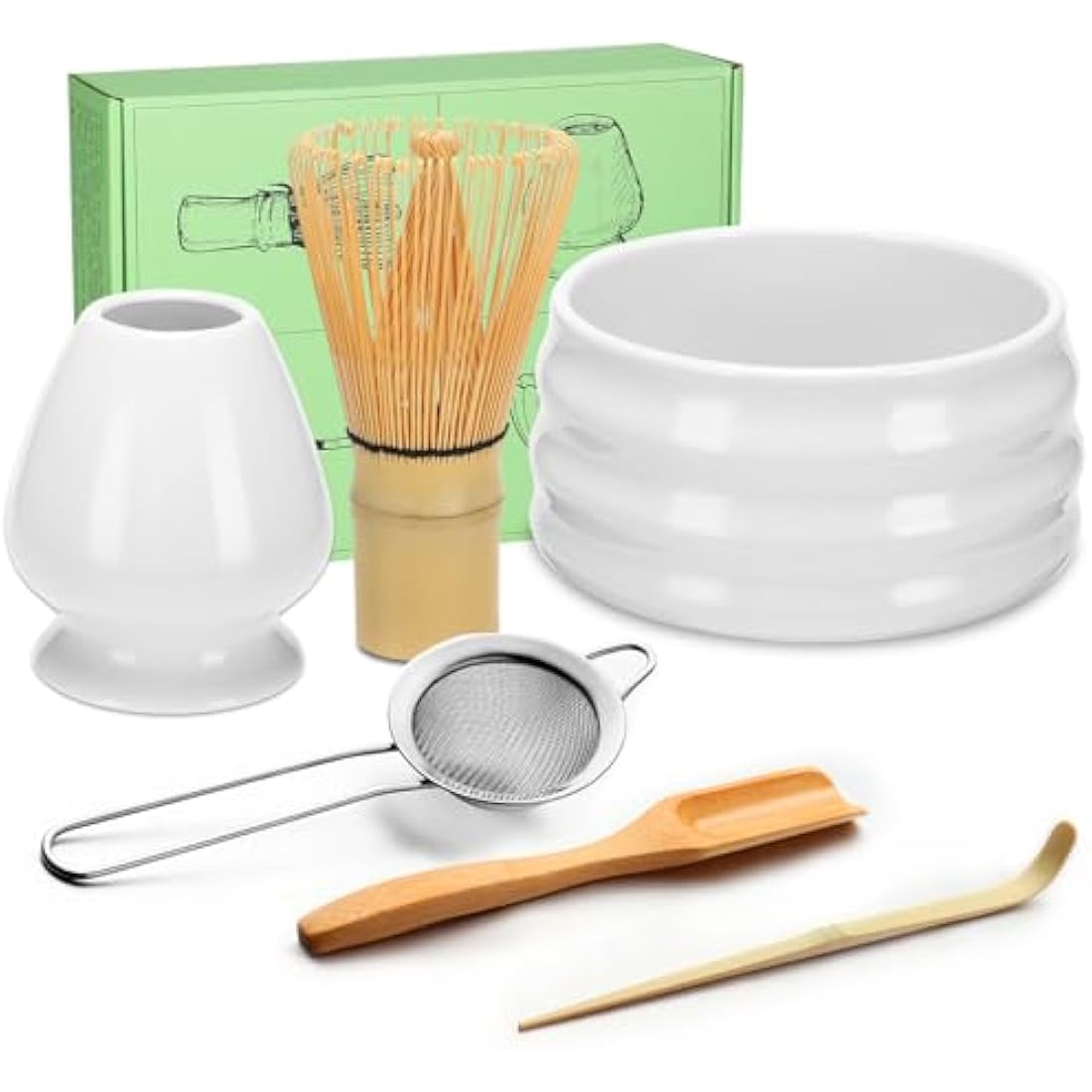 Geebuzz 6-Piece Matcha Whisk Set with Ceramic Bowl and Bamboo Whisk - White