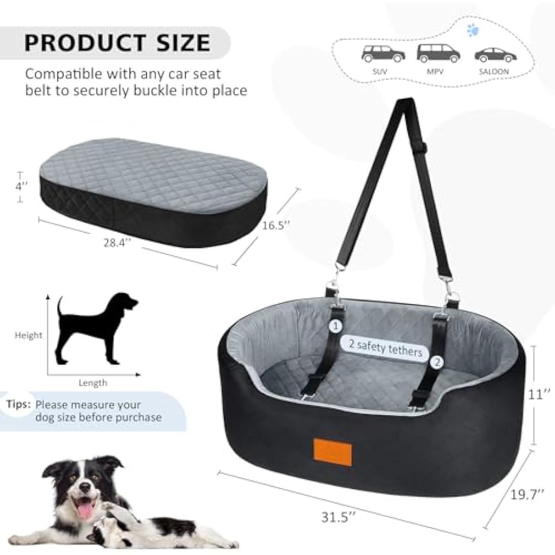 Dog Car Seat – Large Washable Booster Bed for SUV & Car