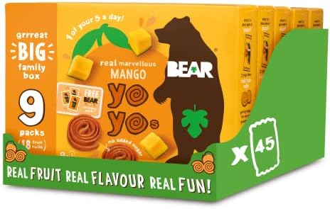 BEAR Mango Pure Fruit Yoyos – 100% Natural Healthy Snacks, 45 x 20g