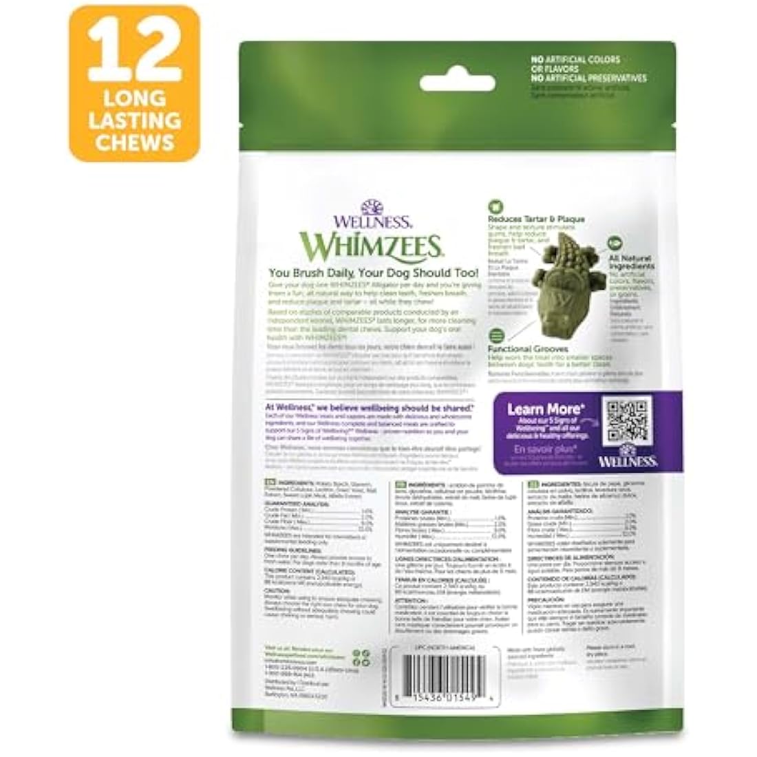 WHIMZEES Alligator Dental Chews for Medium Dogs - Grain-Free, 12 Count
