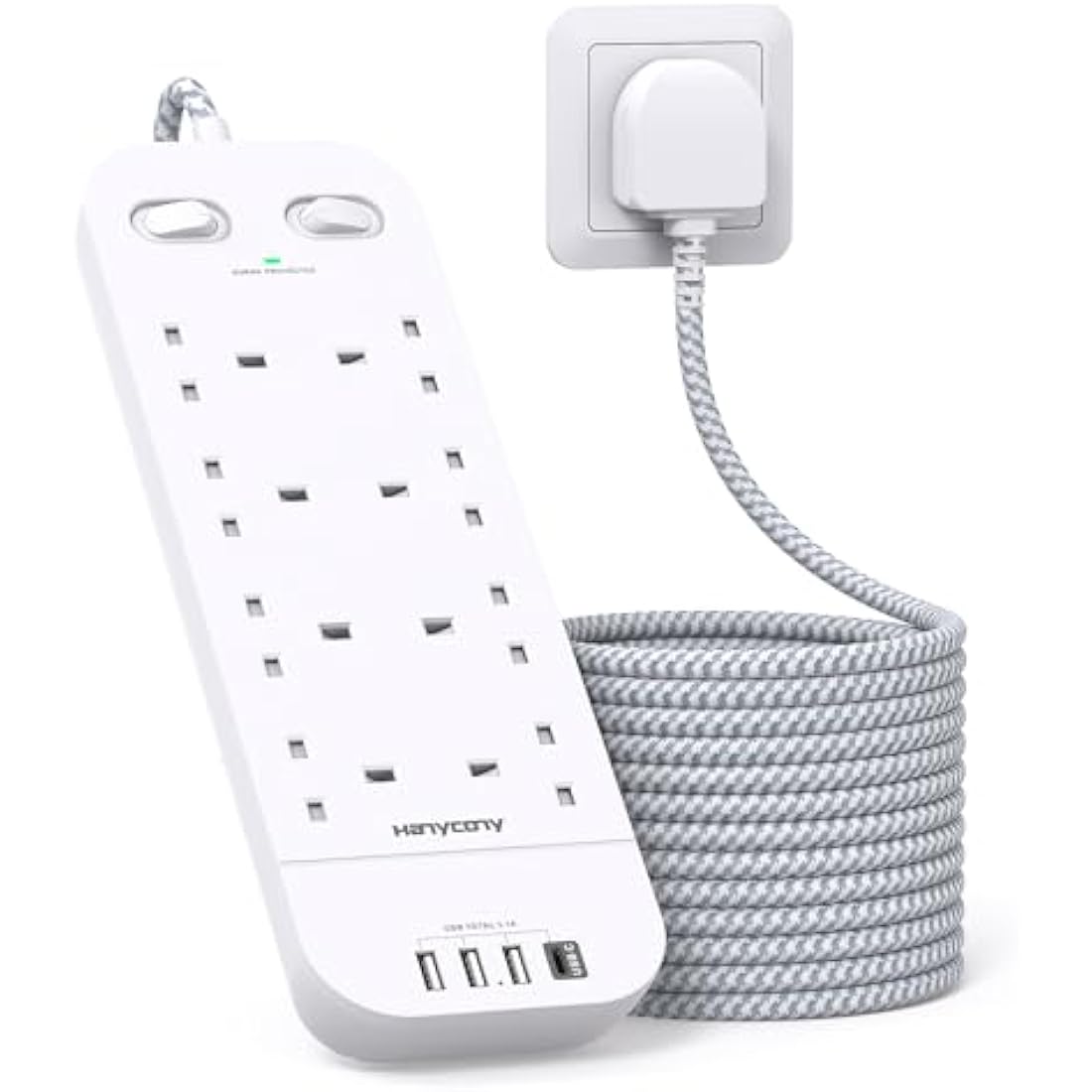 Jolof Store 8-Way Power Strip – 10FT Extension Lead with 4 USB Ports