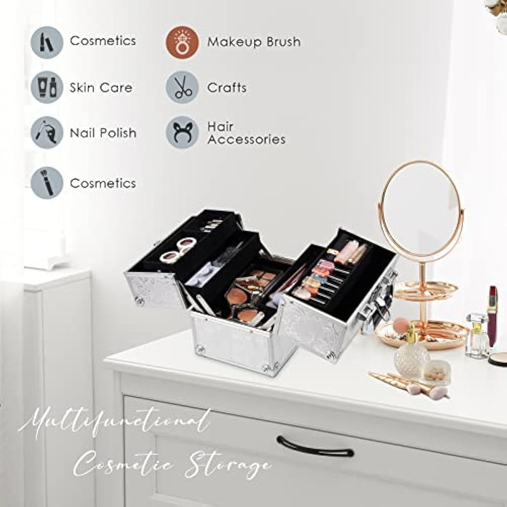 Jolof Store Makeup Train Case | Silver Rose Aluminum Beauty Box