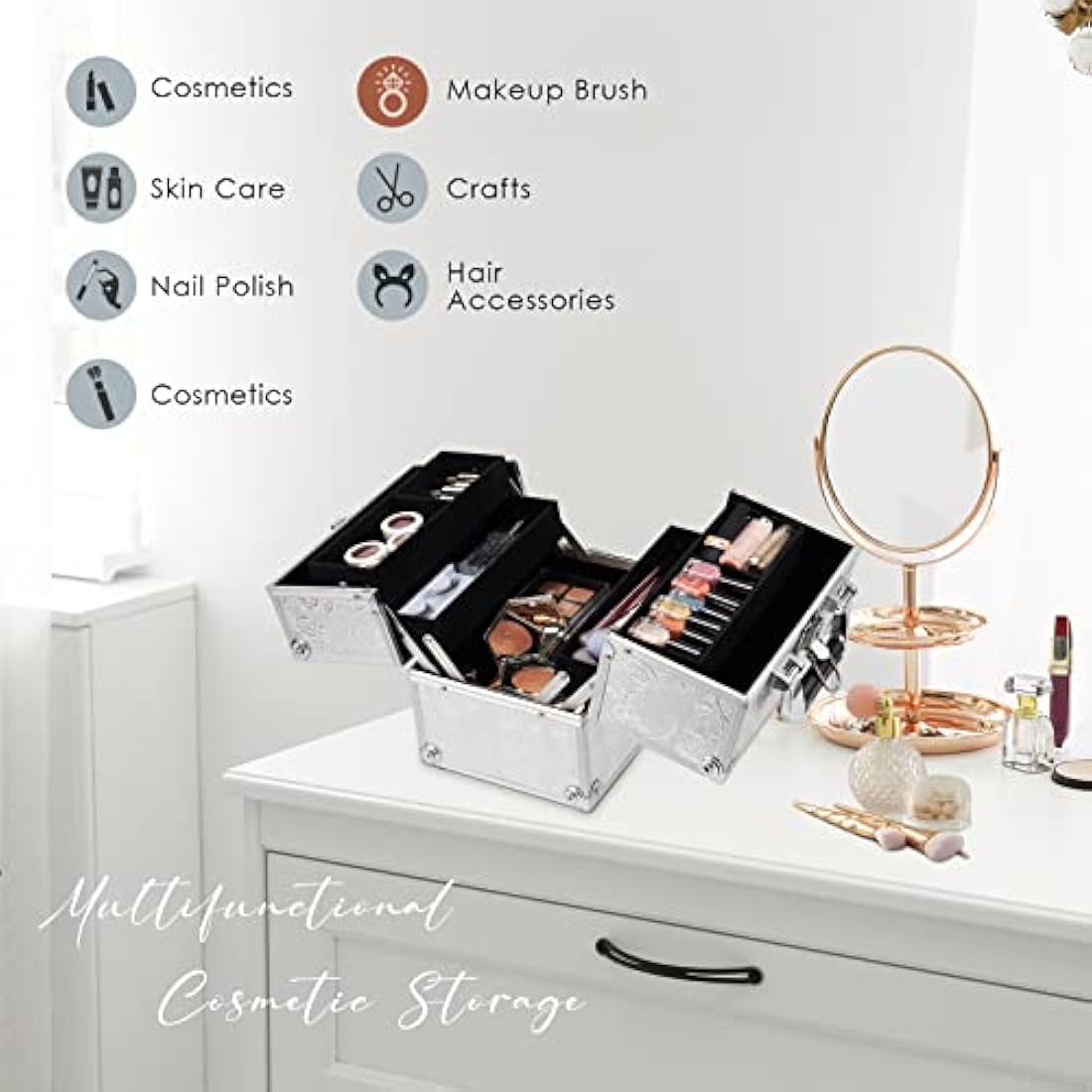 Jolof Store Makeup Train Case | Silver Rose Aluminum Beauty Box