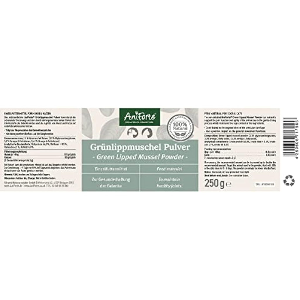 AniForte Green Lipped Mussel Powder for Dogs & Cats - 250g Joint Supplement