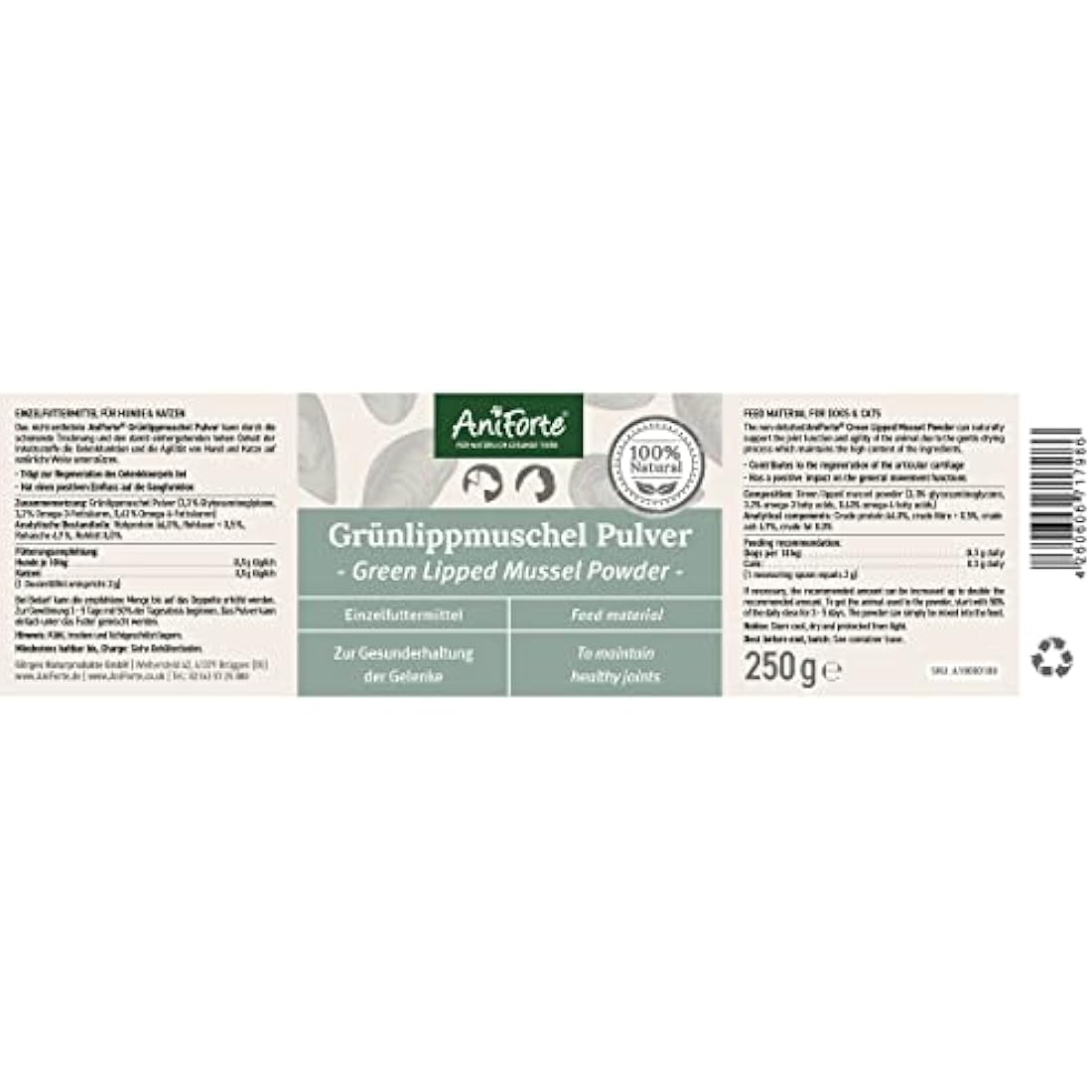 AniForte Green Lipped Mussel Powder for Dogs & Cats - 250g Joint Supplement