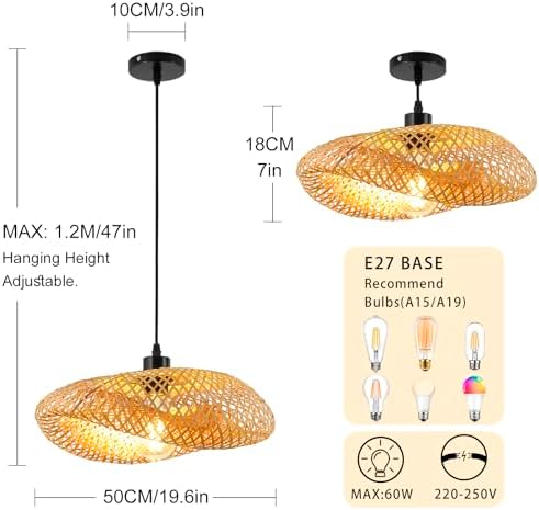 Schindora Bamboo Straw Hat Pendant Light – 50cm Woven Boho Ceiling Lamp