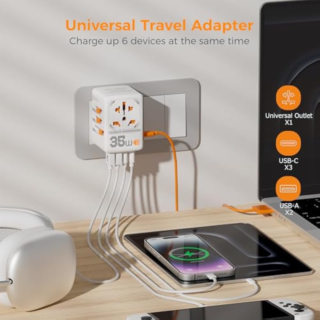 TESSAN Universal Travel Adapter - 35W International Plug with 3 USB-C