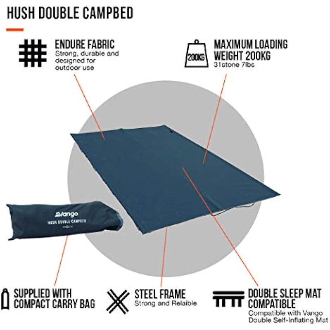 Vango Hush Double Campbed – Heavy Duty Steel Folding Bed, Granite Grey