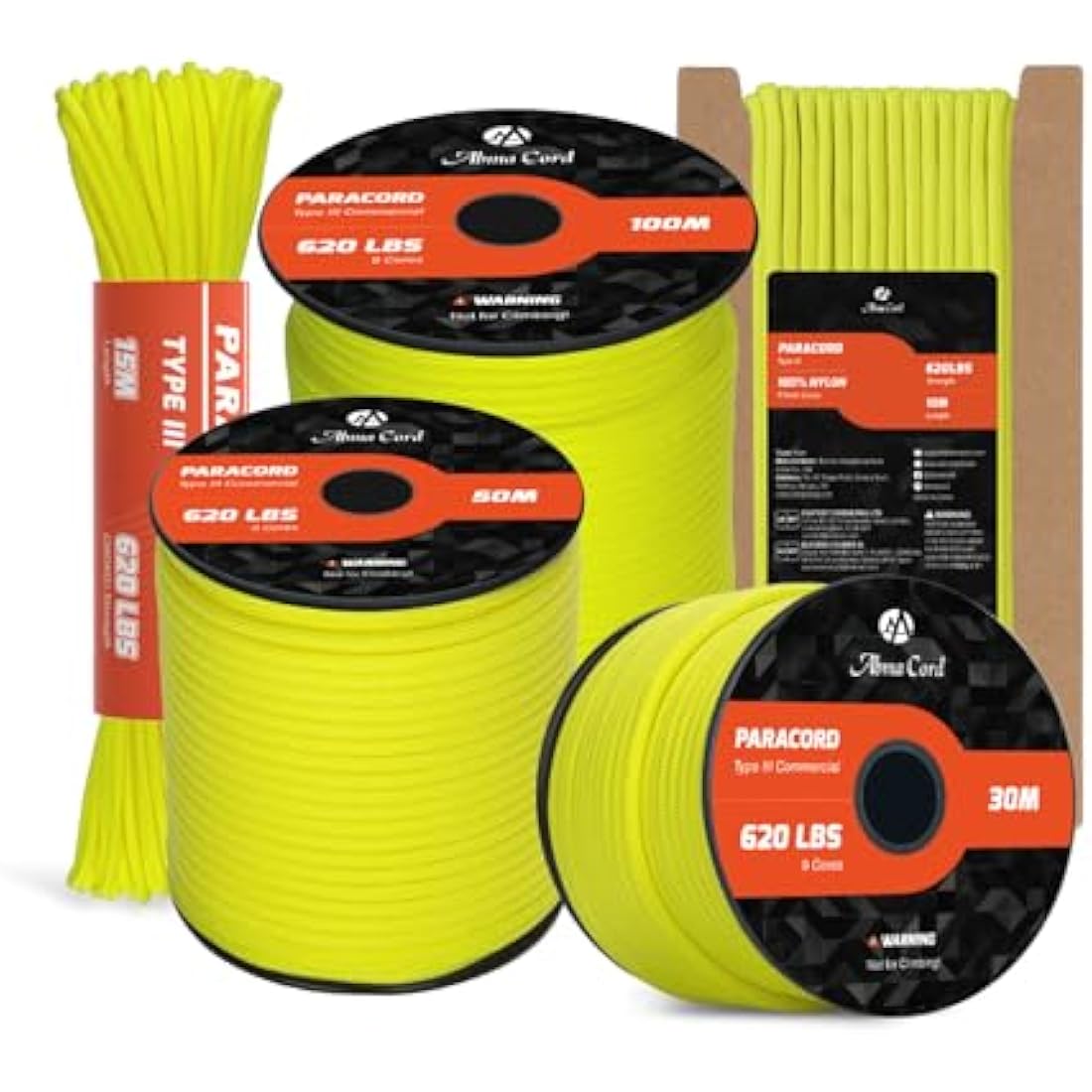 Abma Cord 4mm Type III Nylon Paracord – 100m 9-Strand Rope, Neon Yellow