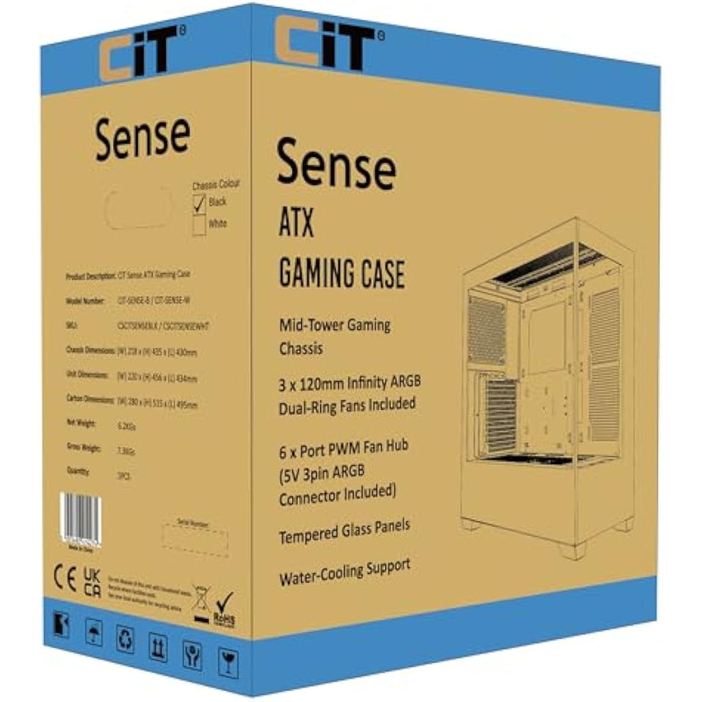 CiT Sense ATX Gaming Case – Black Dual Tempered Glass with 3 ARGB Fans