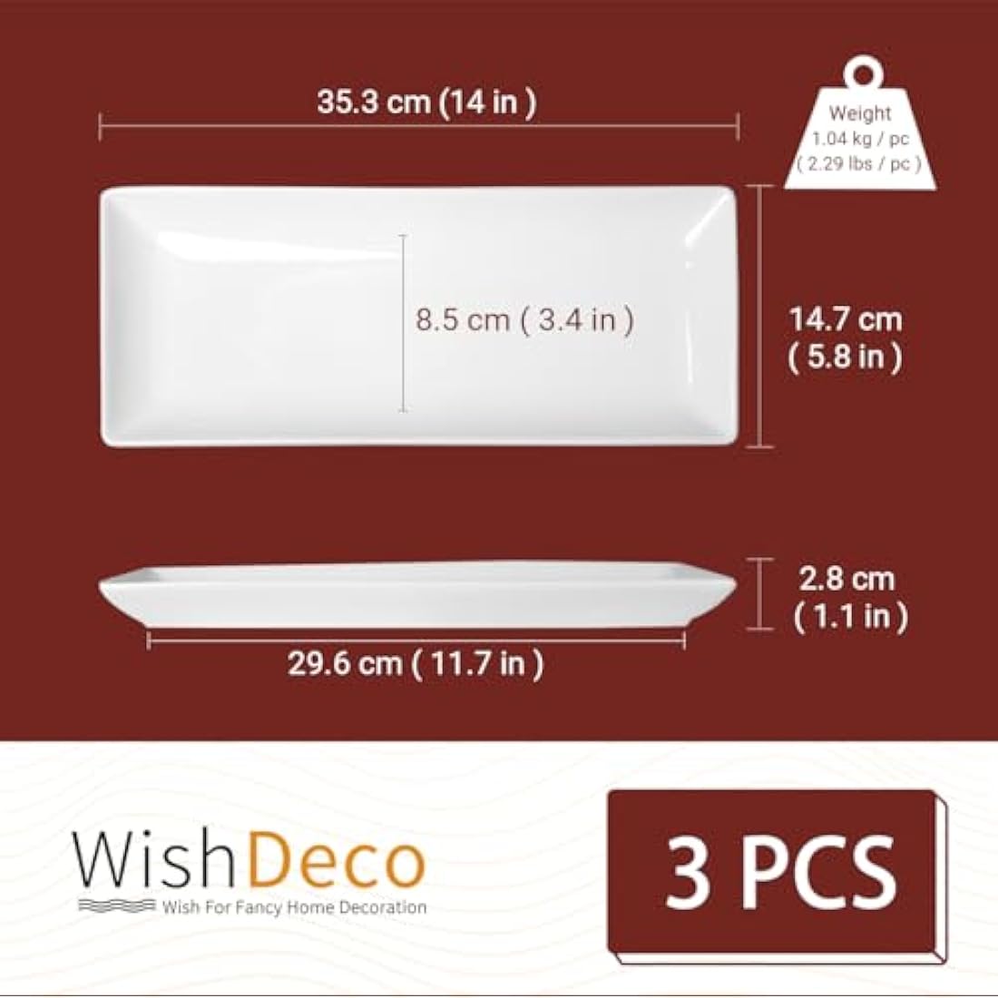 WishDeco Ceramic Serving Platters - Set of 3 White Rectangular Trays