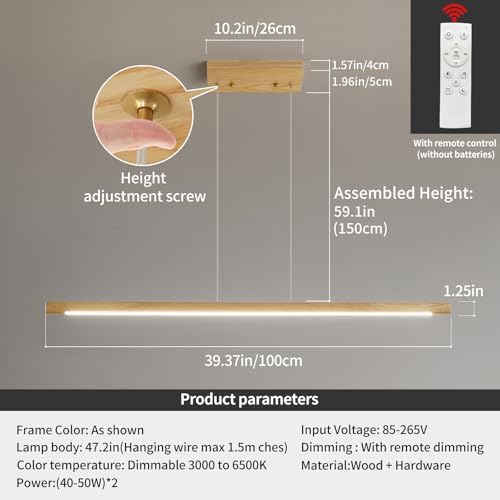 Mikeru 100cm Ash Wood Linear Pendant Light | Dimmable LED Island Lighting