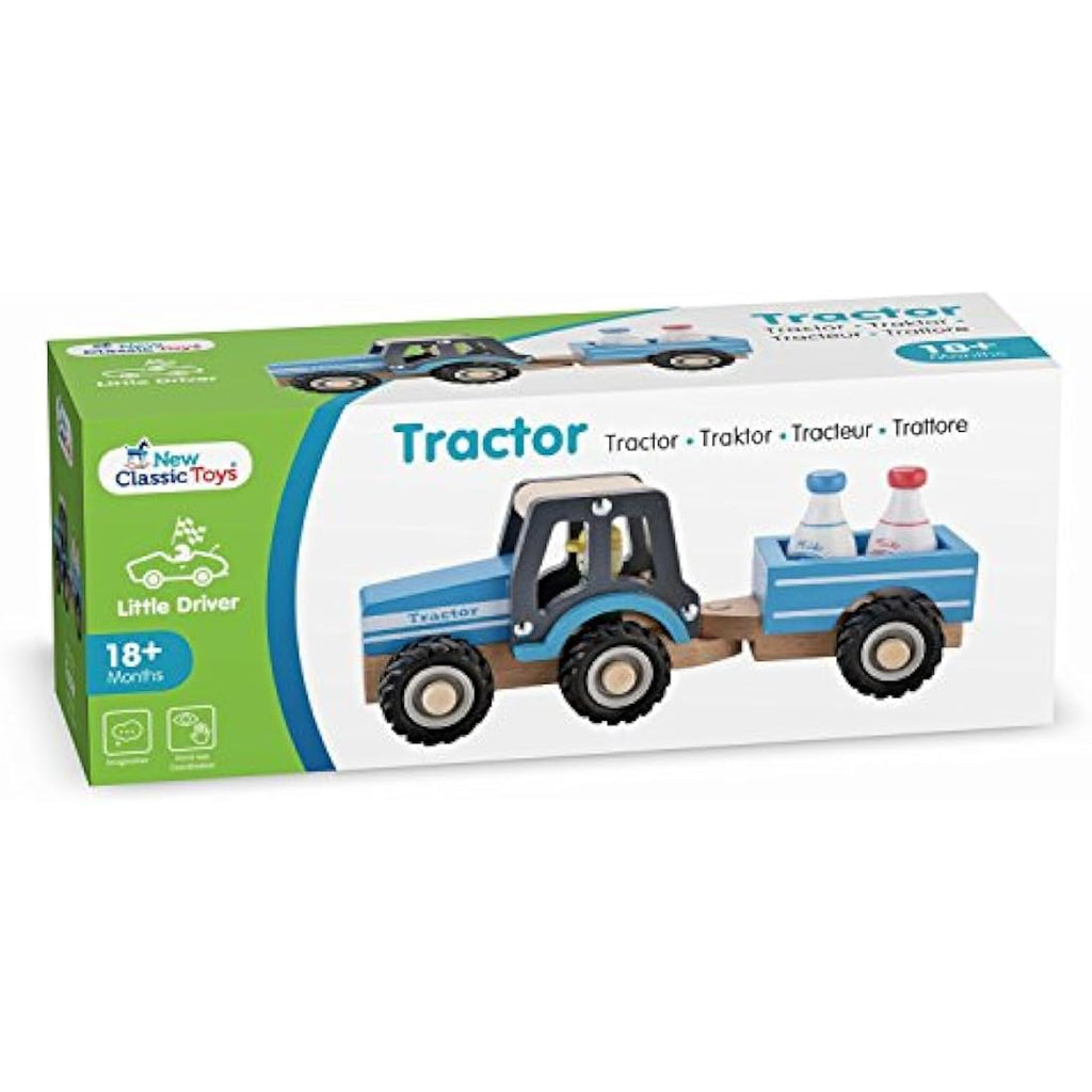 New Classic Toys Wooden Tractor with Trailer & Milk Bottles - Blue