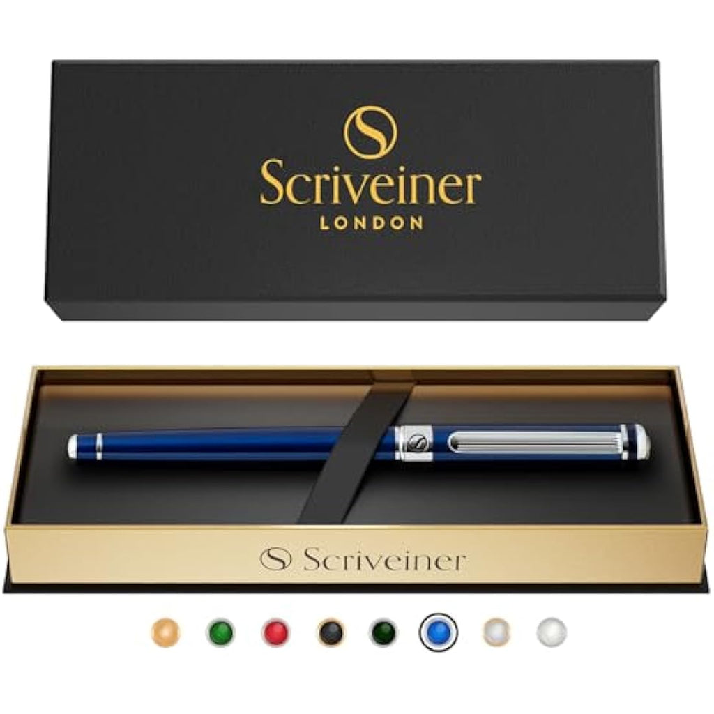 Scriveiner Midnight Blue Rollerball Pen – Luxury Chrome Trim Writing Pen